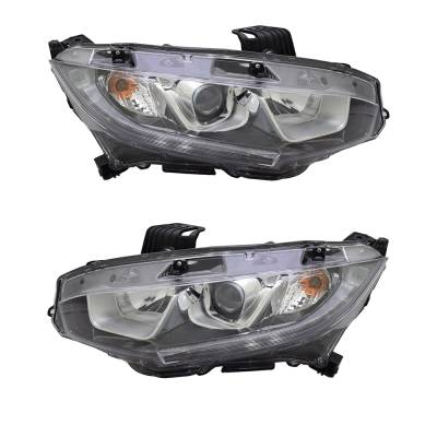 New Pair Of Halogen Headlights Compatible With Honda Civic Lx Sedan 4 Door 1.5L 2016 2017 2018 By